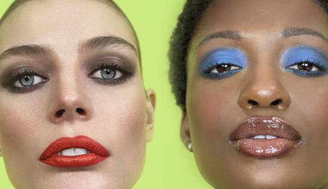 Close-up of two models showcasing the Full Beat makeup service, a flawless, bold look